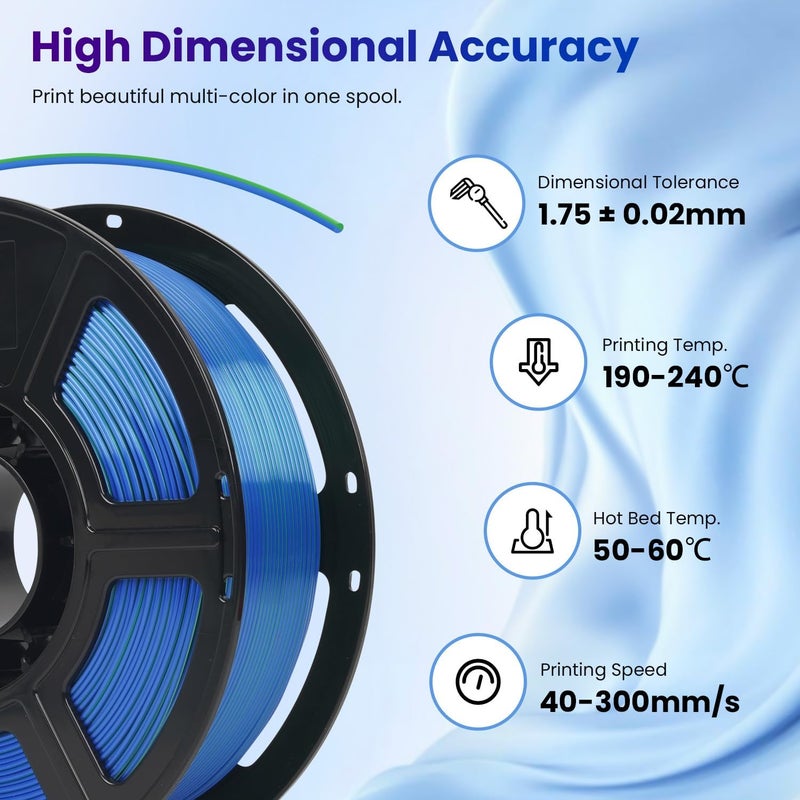 FLASHFORGE خيوط PLA ثنائية اللون من الحرير 1.75 مم، لون أزرق ساطع وأخضر مزدوج، خيوط طباعة ثلاثية الأبعاد متعددة الألوان، لمسة حريرية ساحرة مع تأثير تغيير اللون متعدد الألوان بزاوية 360° - Image 5